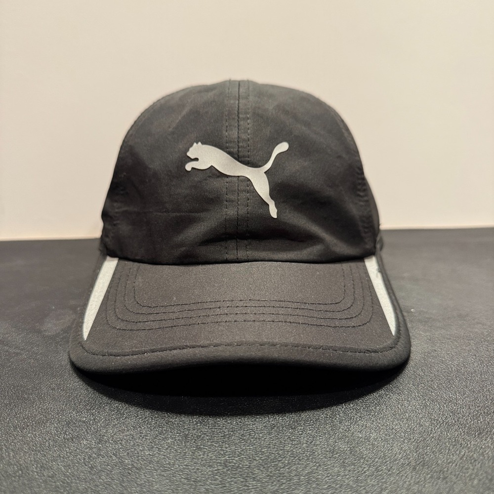 PUMA Hat Cap Black Logo OSFA Embroidered Adjustable 6 Panel Vented Outdoor Adult